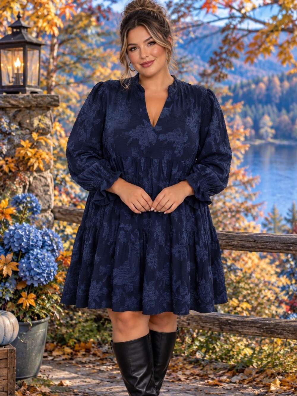Umgee Navy Floral Tiered Long-Sleeve Dress